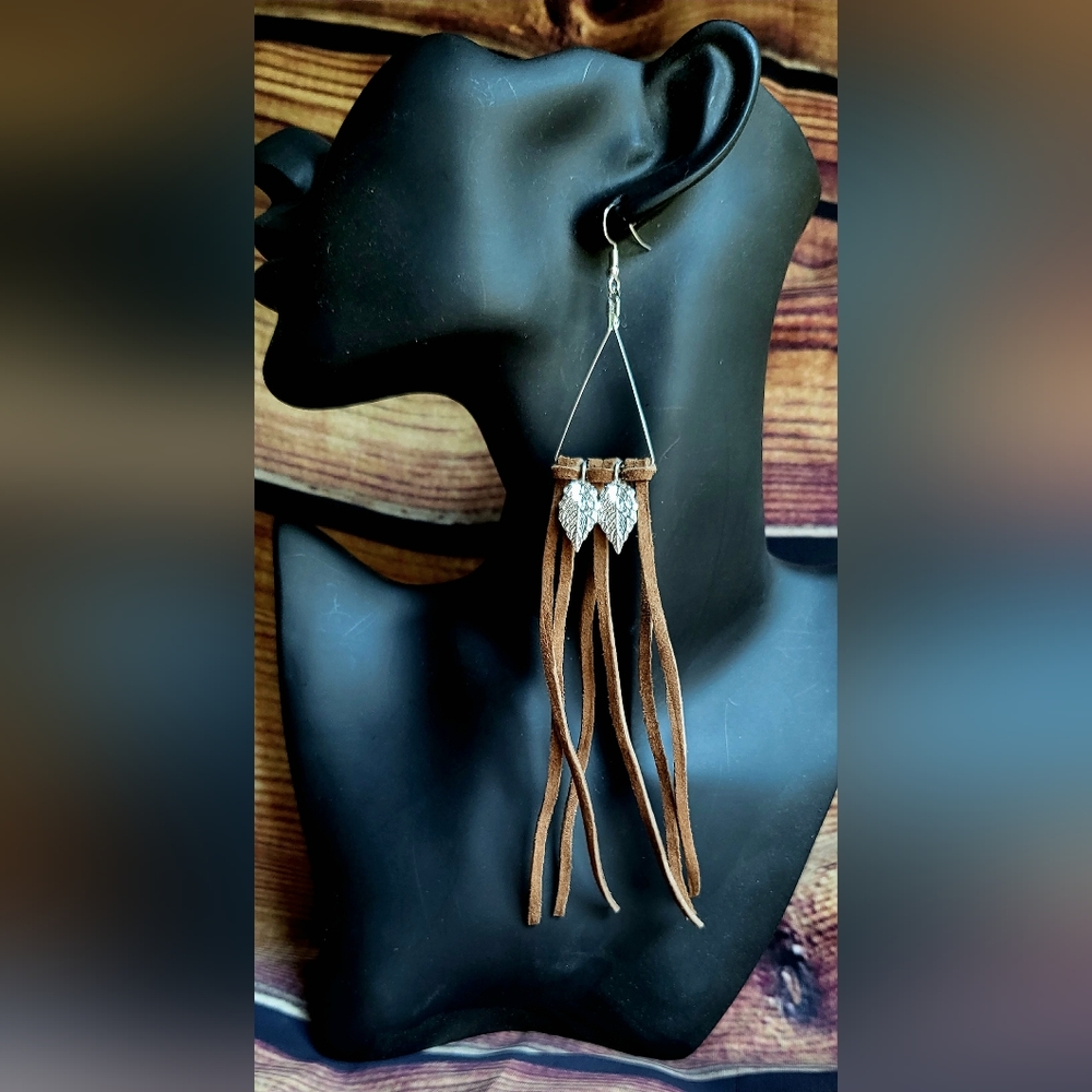 Genuine leather fringe tassel earrings with silver leaves and triangle hoops